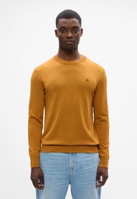 Musztardowy sweter z długimi rękawami, okrągłym dekoltem i małym haftowanym logo na klatce piersiowej. Gładka tekstura, ściągacz na dole.