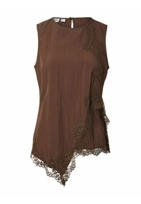 Blouse marron sans manches avec ourlet asymétrique et bordure en dentelle florale le long du côté droit et des bords inférieurs, fermeture boutonnée au dos.