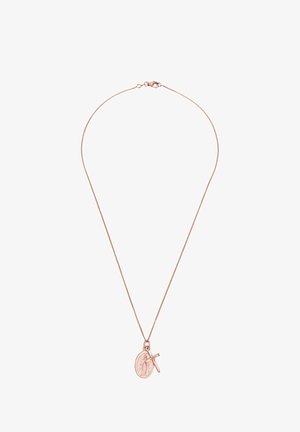 Roseguld halskæde med en fin kæde og et ovalt vedhæng, der skildrer en figur og et kors, glat tekstur og minimalistisk design.