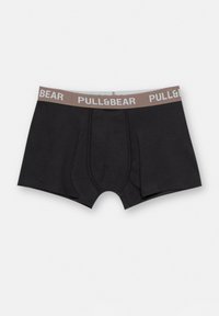 Boxeri negri din bumbac, cu un talie contrastantă de culoare maro, purtând textul "PULL&BEAR" în alb. Textură netedă, design standard.