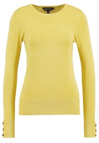 Žlutý pletený svetr s kulatým výstřihem, dlouhými rukávy, žebrovanými manžetami s třemi knoflíkovými ozdobami a texturovaným povrchem.