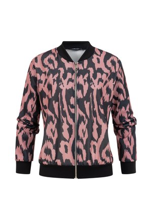 Bomberjakke med pink og sort abstrakt dyreprint, sort ribbet krave, manchetter, kant og front lynlås.