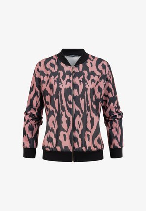 Bomberjakke med pink og sort abstrakt dyreprint, sort ribbet krave, manchetter, kant og front lynlås.