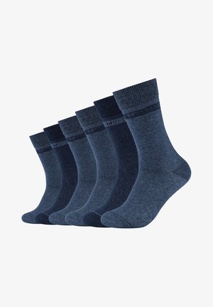 Pack of six navy blue cotton socks, featuring varying shades, ribbed cuffs, and a smooth texture with minimal patterns.