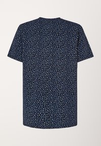 Navy blue T-shirt featuring a small, repeating floral pattern in light blue, short sleeves, and a round neckline. Made from soft cotton material.