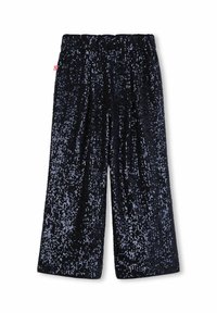 Zwarte, met pailletten bedekte, wijde broek met een elastische tailleband. De stof heeft een gestructureerd, glanzend oppervlak en een losse pasvorm.