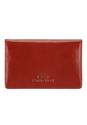 Red leather wallet with a smooth texture and embossed logo. Features a simple rectangular design with rounded edges.