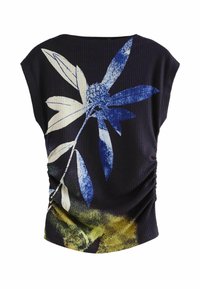 Musthave mustri isegi must lilleline ülemine osa, millel on suur sinine ja valge lilleprindiga. Ülevalt kogu külgedel on riigilõige, kuna alläärel on kollaseks üleminek.