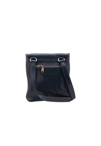 Borsa a tracolla in pelle blu navy con una texture liscia, dotata di una tasca frontale con zip e dettagli in metallo dorato. Include una tracolla regolabile.