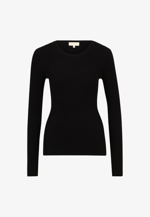 Zwart ribstof top met lange mouwen en een ronde halslijn, met een getailleerde pasvorm en een gladde textuur. Geen zichtbare hardware of patronen.