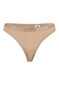 String beige en tissu doux avec une ceinture élastique. La ceinture arbore le logo "PSD" assorti en couleur.