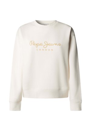 Valkoinen collegepaita pyöreällä pääntiellä, jossa edessä beigenvärinen "Pepe Jeans London" -logo ja resorit hihansuissa ja helmassa. Pehmeä tuntuma.