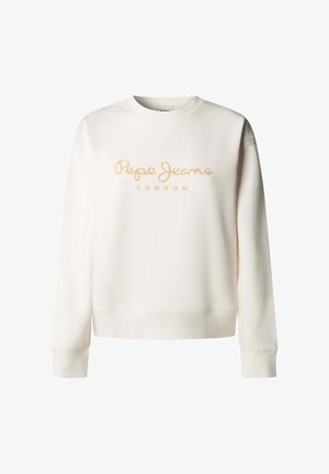 Sudadera blanca con cuello redondo, que presenta un logo beige de "Pepe Jeans London" en el frente y puños y dobladillo acanalados. Textura suave.