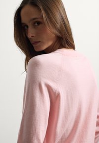 Hellrosa Pullover mit Rundhalsausschnitt und langen Ärmeln, aus weichem Material mit dezenten Nähten an den Schultern.