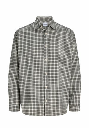 Chemise à manches longues avec boutons, motif à petits carreaux noir et blanc et col classique.