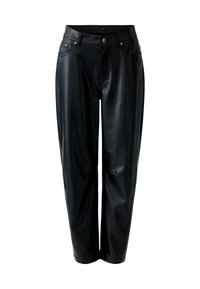 Schwarze Kunstlederhosen mit geradem Schnitt, vorderem Knopf- und Reißverschluss, Gürtelschlaufen sowie Seiten- und Münztaschen.