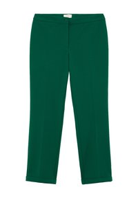 Pantalon vert extensible à texture lisse, avec une ceinture classique et une fermeture à un bouton, coupe droite, sans motifs visibles.