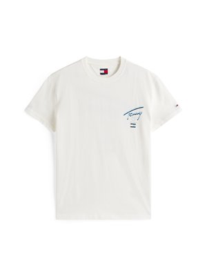 White cotton t-shirt with short sleeves. Features blue graphic text on the left chest area, with logo details and striped accents near the hem.