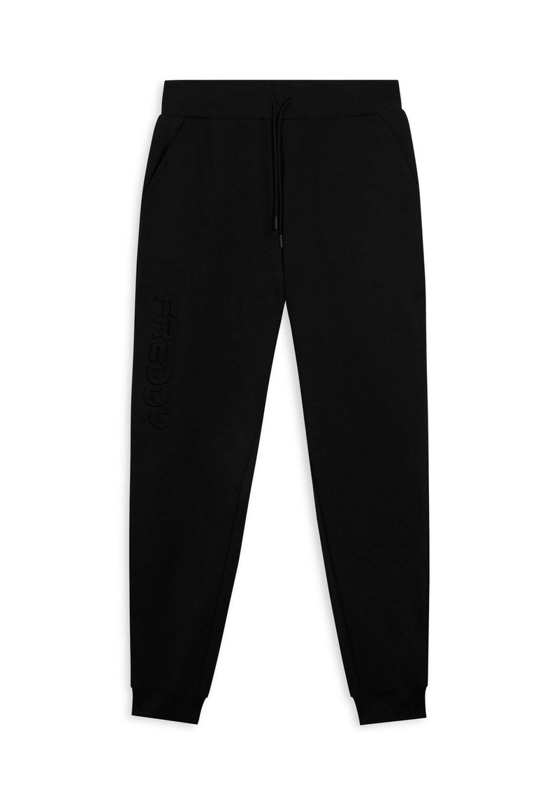 Pantalones de chándal negros hechos de suave algodón, con cintura ajustable por cordón, bolsillos laterales y logotipo de la marca embosado en la pierna izquierda.