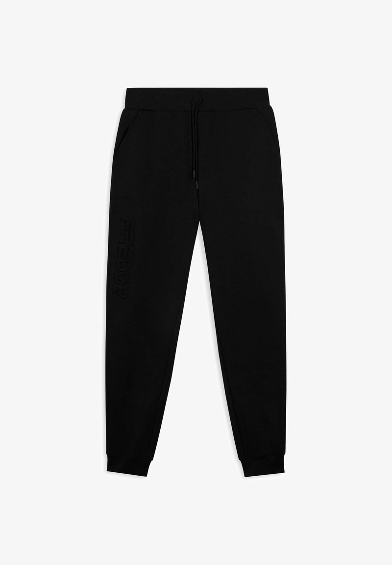 Pantalones de chándal negros hechos de suave algodón, con cintura ajustable por cordón, bolsillos laterales y logotipo de la marca embosado en la pierna izquierda.