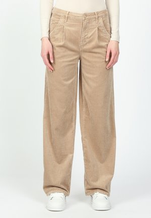 Beige corduroy wide-leg pants with front pockets and a button closure. The fabric features a ribbed texture for added detail.
