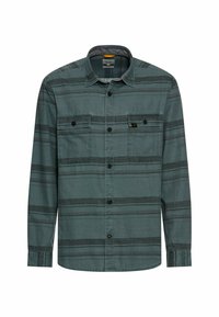 Langarmshirt in donker teal met grijze strepen. Beschikt over twee voorzakken en zwarte knopen. Gemaakt van een gestructureerde, lichte stof.