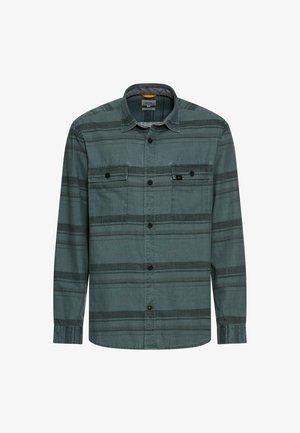 Langærmet skjorte i mørk teal med grå striber. Har to frontlommer og sorte knapper. Lavet af et tekstureret, let stof.