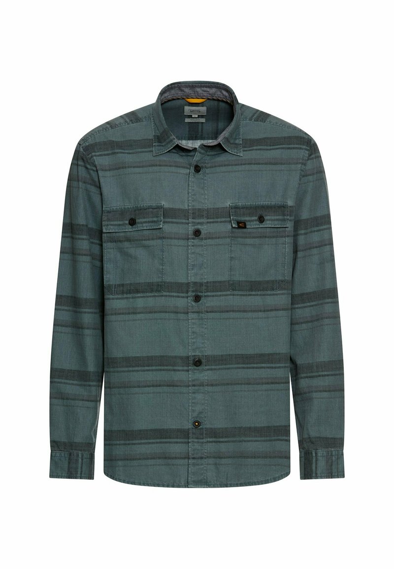 Langarmshirt in donker teal met grijze strepen. Beschikt over twee voorzakken en zwarte knopen. Gemaakt van een gestructureerde, lichte stof.