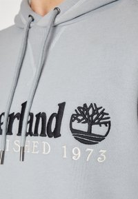 Felpa grigia chiara con cappuccio e cordino, con testo ricamato in nero "Timberland" e logo dell'albero, datato "est. 1973" in crema.