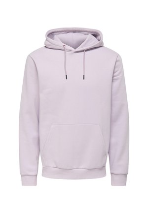 Light purple hooded sweatshirt with a front pocket, drawstring, and ribbed cuffs and hem. Made from soft fabric with a smooth texture.