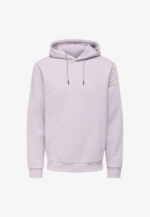 Hellblauer Kapuzenpullover mit einer Vordertasche, Kordelzug und gerippten Bündchen und Saum. Hergestellt aus weichem Stoff mit glatter Textur.