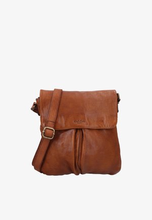 Borsa a tracolla in pelle marrone con tracolla regolabile e chiusura con patta frontale, con un sobrio logo in rilievo sulla patta.