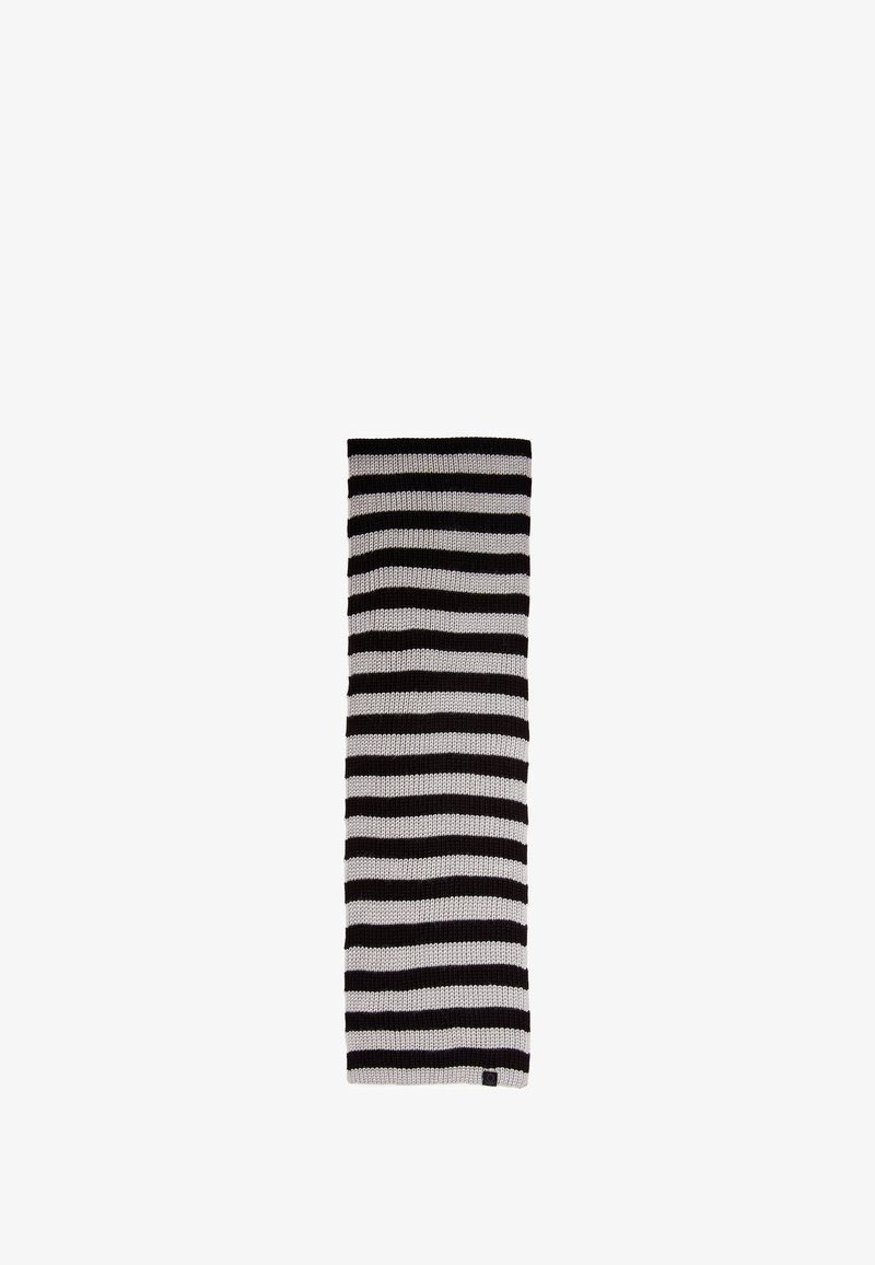Sciarpa lavorata a maglia in nero e grigio, con strisce orizzontali. Il materiale ha una consistenza morbida. Forma rettangolare con un'etichetta logo su un'estremità.