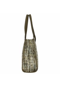 Bolsa tote texturizada con tejido marrón y beige entrelazado, con asas planas de longitud media y ribete marrón a lo largo de los bordes.