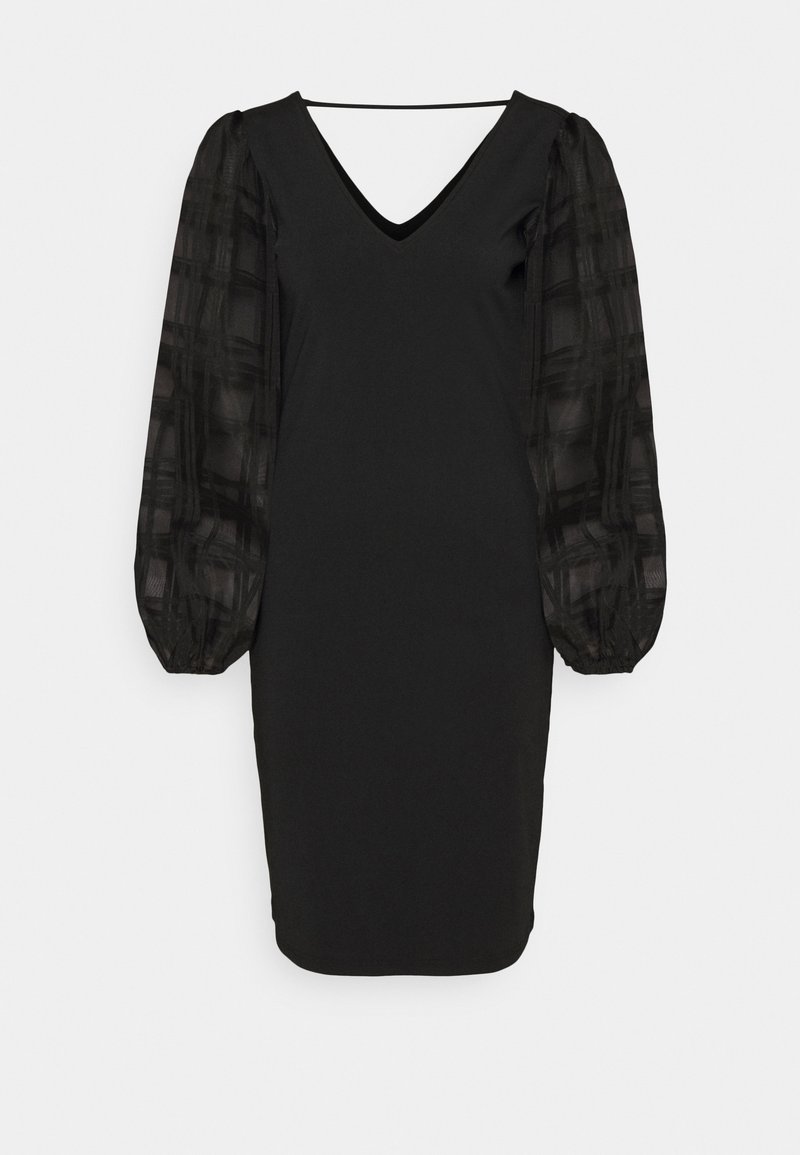Robe noire jusqu'aux genoux avec des manches bouffantes en tulle à carreaux et un décolleté en V profond, silhouette ajustée.