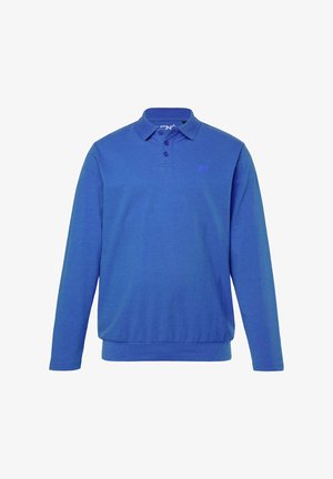 Polo a maniche lunghe di colore blu royal, realizzato in tessuto morbido. Presenta un colletto, tre bottoni e un piccolo logo viola sul petto.