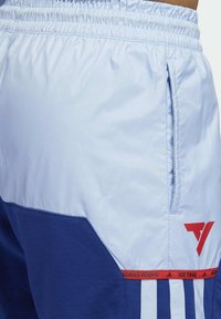 Shorts de sport bleu clair avec un panneau bleu marine, une taille élastique, une poche latérale zippée et un logo rouge sur la hanche.