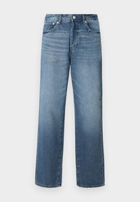 Blå denimjeans med rett benkutt, med en falmet vask, beltesløyfer, fem lommer og en klassisk knappelukking.