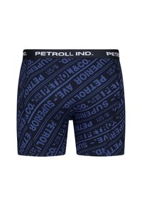 Mörkblå boxershorts med ett mönstrat mönster av text och logotyper i ljusblått, elastisk midja märkt "PETROLL IND."