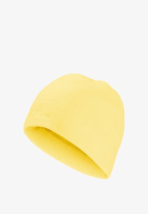 Fleece muts in helder geel met een strakke pasvorm, voorzien van een subtiel logo en een gladde textuur zonder zichtbare patronen of hardware.