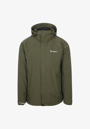 Olive green waterproof jacket with a high collar, detachable hood, zippered front, and logo detail on the chest. Smooth texture.