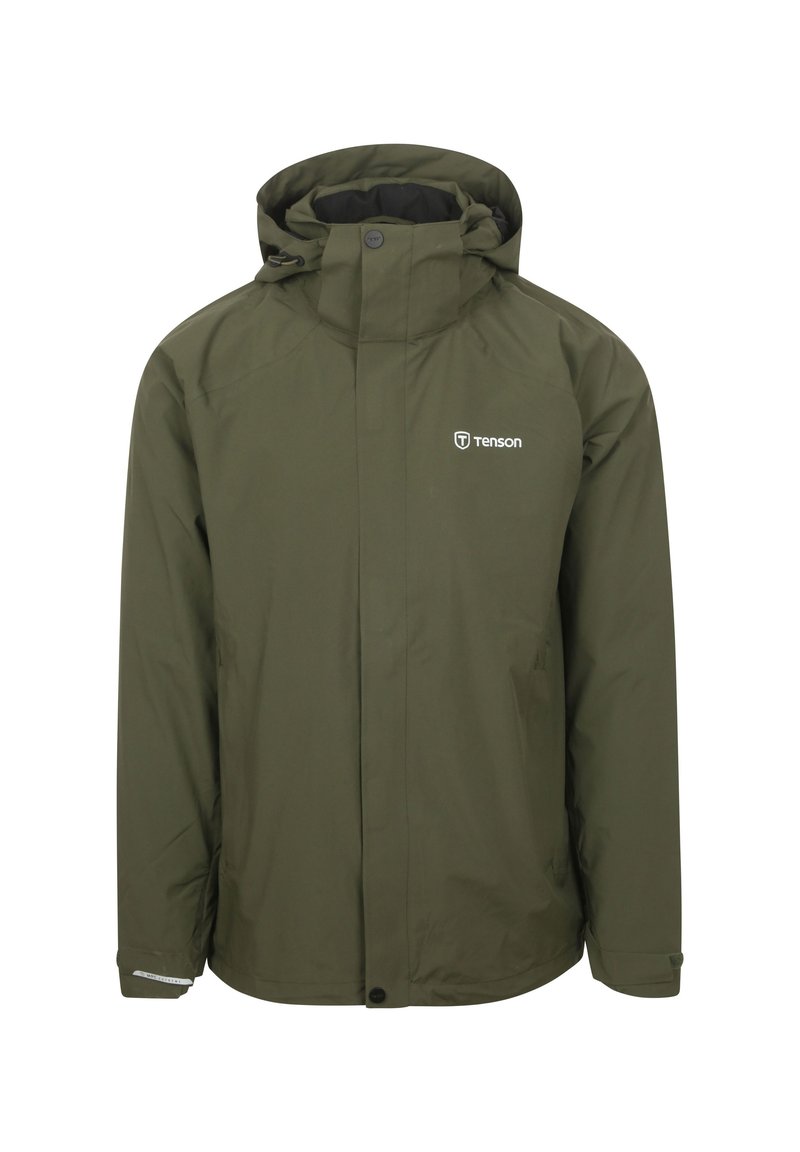 Olijfgroene waterdichte jas met een hoge kraag, afneembare capuchon, ritssluiting aan de voorkant en logodetail op de borst. Gladde textuur.