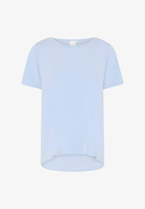 T-shirt azzurro chiaro a maniche corte con scollo tondo, orlo curvo e texture morbida. Design semplice senza motivi o dettagli metallici.
