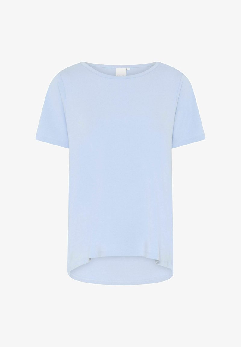 Jasnoniebieska koszulka krótki rękaw z okrągłym dekoltem, zaokrąglonym dołem i miękką fakturą. Prosty design bez wzorów i elementów metalowych.
