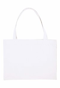 Borsa tote in tela bianca senza motivi, con manici lunghi e piatti e forma rettangolare. Il materiale appare resistente e strutturato.