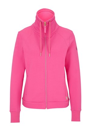 Fuchsiafarbener Kapuzenpullover mit Reißverschluss, hohem Kragen, Kordelzugkapuze, gerippten Bündchen und Seitentaschen. Hergestellt aus einem weichen, elastischen Material.