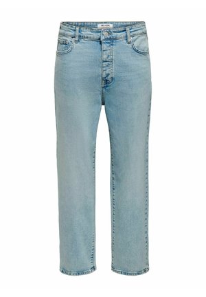 Hellblaue, gerade geschnittene Jeans mit fünf Taschen, Knopfverschluss, Gürtelschlaufen und einem Markenlabel am Bund.