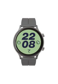 Smartwatch mit rundem Metallgehäuse, grauem Silikonarmband und grünem Display, das große blaue Ziffern "22" und "08" anzeigt. Zwei seitliche Tasten sichtbar.