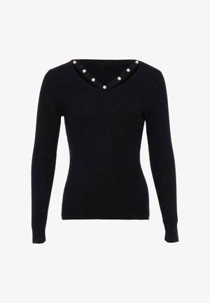 Sort ribbet sweater med lange ærmer, V-halsdesign med dekorative runde detaljer langs halsudskæringen.