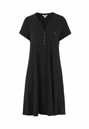 Schwarzes Kurzarmkleid mit rundem Halsausschnitt, knöpfbarem Frontbereich, einer Brusttasche und einem lockeren A-Linien-Schnitt. Hergestellt aus weichem Stoff.